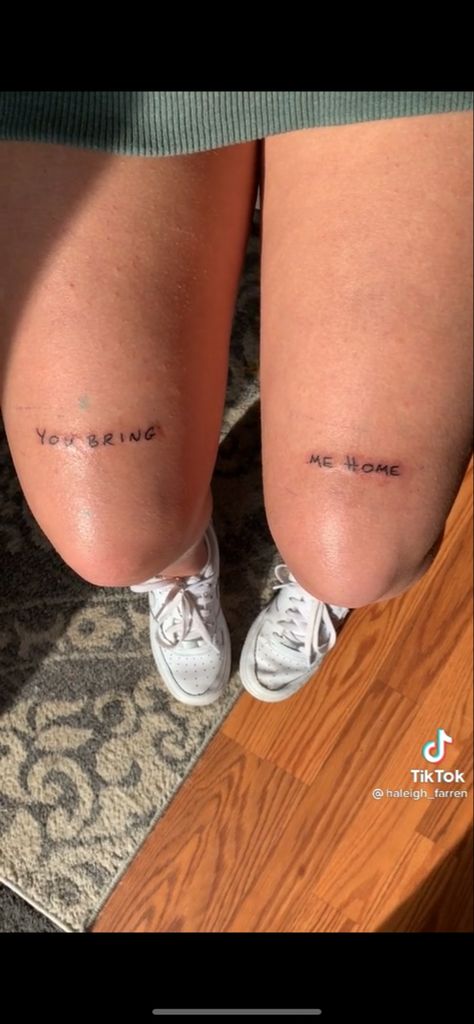 Writing Above The Knee Tattoo, Word Patchwork Tattoo, Women Tattoo Above Knee, Quote Knee Tattoo, Words On Knees Tattoo, Above Knee Script Tattoo, Word Knee Tattoos, Thigh Text Tattoo, Word Thigh Tattoo