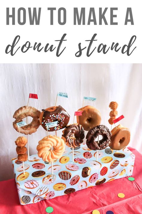 Make your own DIY donut stand for your next donut themed party. It takes a few materials and some minutes to DIY this colorful party decor! #donutstand #partydecor #party Diy Doughnut Stand, Diy Donut Stand Dollar Stores, Donut Stand Diy, Donut Display Ideas Diy, Donut Stand Display, Diy Donut Stand, Donut Board Diy, Donut Board, Diy Donut