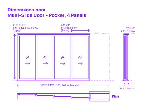 A multi-slide pocket door with 4 panels is a type of sliding door that consists of four individual panels that slide horizontally along a track system and disappear into a pocket within the wall. When fully opened, the panels slide seamlessly into the wall pocket, creating a wide opening that allows for a smooth connection between indoor and outdoor spaces. Downloads online #doors #slidingdoor #patio #construction #buildings Frameless Sliding Doors, Stacker Doors, Stacking Doors, Human Dimension, Folding Glass Doors, Door Plan, Elevation Drawing, Sliding Door Design, Door Dimensions