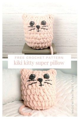 Crochet Cat Pillow Pattern Free Easy, Cat Pillow Crochet, Pillow Sewing Patterns, Crochet Cat Pillow, Crochet Blanket Yarn, Kitty Pillow, Yarn Animals, Chunky Yarn Crochet, Cat Patterns