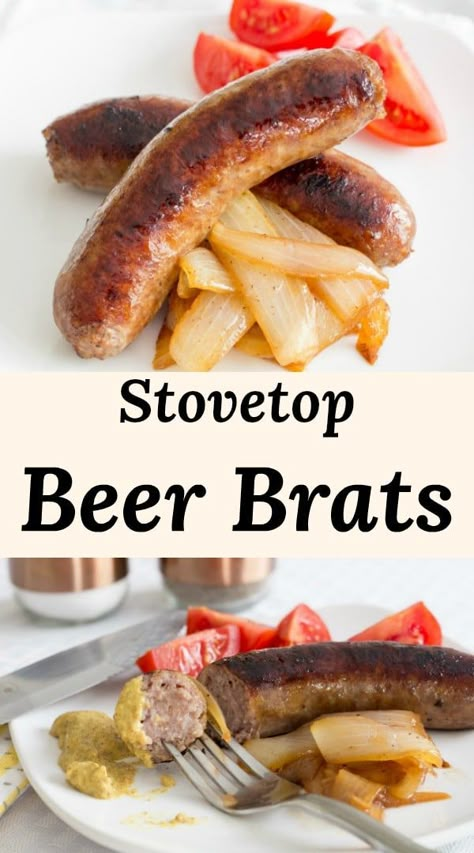 Beer Brats - easy stovetop recipe for beer bratwurst.  Skip the grill, brats are cooked in a skillet then simmered with beer and onions.  #recipes Best Brats Recipes, Beer Sausage Recipes, Brats On Stove Top, Stovetop Brats, Beer Brats Stove Top, Stove Top Bratwurst, How To Cook Brats On The Stove, Cooking Brats On Stove, Beer Brats Recipe Stove