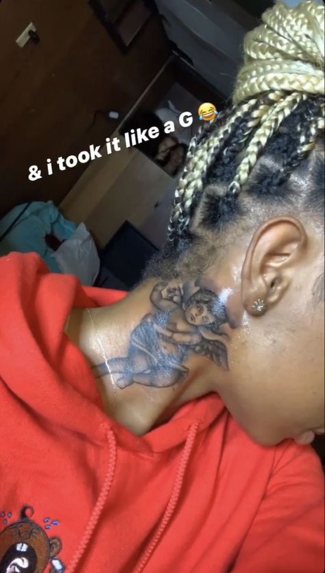 Angel Neck Tattoos Women, Tattoo Ideas Female Hand, Neck Tattoo Cover Up, Baddie Tattoo Ideas Female, Baddie Tattoo Ideas, Angel Cupid, Girl Neck Tattoos, Neck Tattoos Women, Black Girls With Tattoos