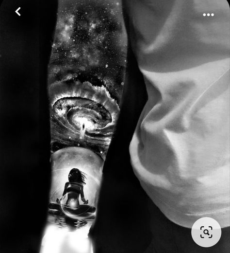 Space Storm Tattoo, Galaxy Sleeve Tattoo For Men, Black And Gray Space Tattoo, Galaxy Tattoo Sleeve Black And White, Nebula Tattoo Black And White, Space Sleeve Tattoo Women, Black Space Tattoo, Space Stars Tattoo, Space Tattoos For Women