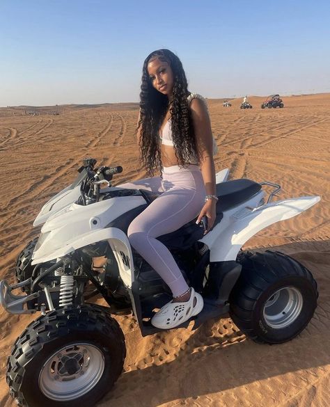 Cute Atv Riding Outfit, Atv Riding Outfit Vacation, Riding Bike Aesthetic, Desert Riding, Wig Outfits, Bike Riding Outfit, Dubai Outfits, Dubai Vacation, Atv Riding