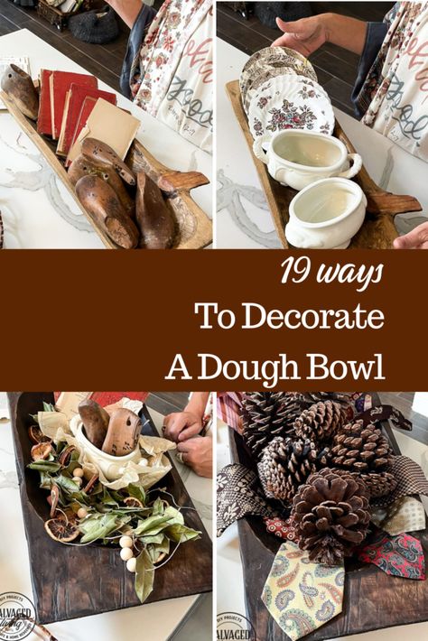 Dough Trough Decor, Oblong Wooden Bowl Decor, Dough Bowl On Coffee Table, How To Style A Wooden Dough Bowl, Long Dough Bowl Decor Ideas, Wooden Bread Bowl Decor, Christmas Table Centerpieces Bread Bowl, Wood Bread Bowl Decorating Ideas, Styling Dough Bowls