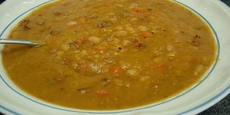 Country Split Pea - Bean Soup with Ham and Smoked Sausage | Drick's Rambling Cafe Ham And Navy Bean Soup, Bean Soup With Ham, Soup With Ham, Navy Bean Soup, Navy Beans, Ham Soup, Navy Bean, Ham And Bean Soup, Cooking Soup