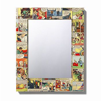 Decoupage Mirror, Eclectic Mirrors, Upcycle Mirror, Comic Book Paper, Ikea Mirror, Magazine Crafts, Book Paper, Guys And Dolls, Mirror Painting