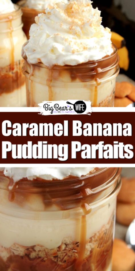 Caramel Banana Pudding Parfaits - Layers of cookies, homemade banana pudding, fresh banana slices and caramel sauce make up these delicious Caramel Banana Pudding Parfaits! Caramel Banana Pudding, Homemade Banana Pudding Recipe, Banana Cream Pudding, Southern Banana Pudding, Banana Caramel, Dessert Cups Recipes, Mason Jar Desserts, Pudding Parfait, Homemade Banana Pudding