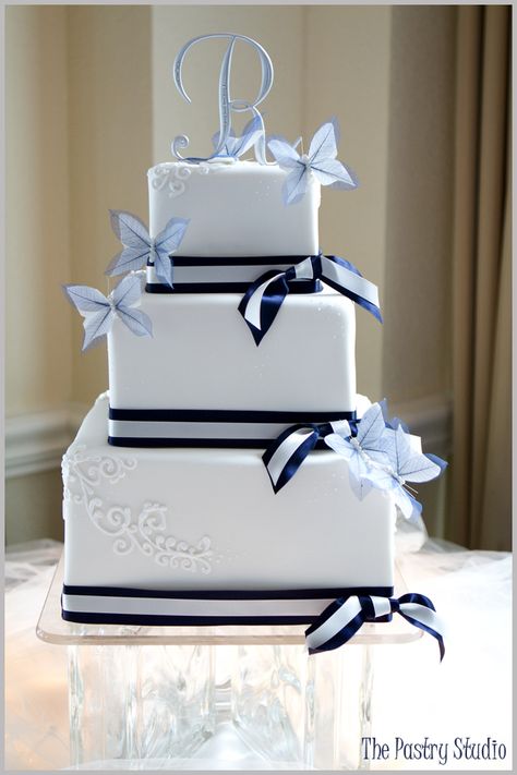 Butterflies. white/navy Square Wedding Cakes Elegant, Wedding Cakes Elegant Simple, Wedding Cake With Butterflies, Navy And White Wedding Cake, Cake With Butterflies, Navy And White Wedding, Nautical Wedding Cakes, Gray Wedding Cake, Butterfly Wedding Cake