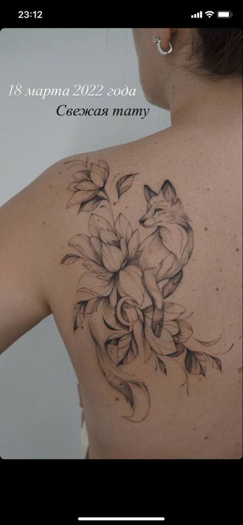 Fox And Flowers Drawing, Fox Fairy Tattoo, Fox Woman Tattoo, Fox In Flowers Tattoo, Fox With Flowers Drawing, Fox Tattoo Flowers, Fox And Cherry Blossom Tattoo, Fox Tattoo With Flowers, Fox Butterfly Tattoo