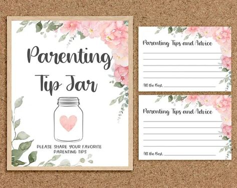 These PINK FLORAL BABY SHOWER themed Parenting Tip Jar Sign, Cards are a sweet Baby Shower activity. Place them around during the Shower and watch guests have fun leaving their special advice and wisdom with the parents-to-be. Easy for you, fun for them! Just Download, Print, Cut! DONE! #babyshowergames #floralbabyshower Parenting Tip Jar, Baby Shower Games Coed, Pink Floral Baby Shower, Shower Games Baby, Advice For Parents, Baby Shower Advice, Advice For New Moms, Baby Shower Templates, Baby Advice