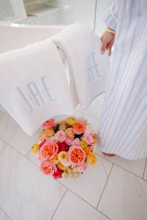 Where to buy the cutest monogram towels for your bathroom | Rhyme  Reason Monogramed Towels In Bathroom, Monogram Hand Towels Bathroom, Monogram Towels For College, Monogram Towels In Bathroom, Bathroom Mirror Inspiration, Towels In Bathroom, Monogrammed Towels, College Bathroom, Monogrammed Bath Towels