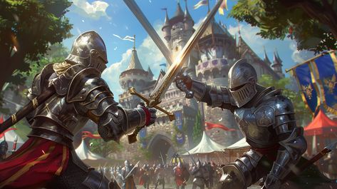 Two Knights Fighting with Swords at Knightly Tournament Knights Tournament, Two Knights, Castle Backdrop, Inspirational Digital Art, Knight Armor, Medieval Knight, A Castle, A Beast, Cinematic Photography