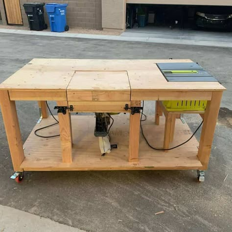 47 Workbench Ideas for Your Workspace - Trendey Portable Woodworking Bench, Flip Top Work Bench, Diy Table Saw Workbench, Workbench On Wheels, Wood Working Table, Work Bench Ideas, Rolling Workbench, Workbench Organization, Workbench Plan