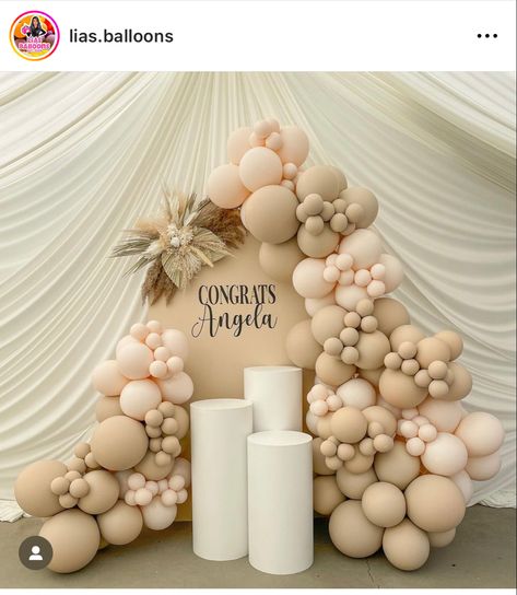 Graduation Colors Theme, Beige Graduation Party, Pampas Graduation Party Decor, Nude Party Theme, Neutral Grad Party Decor, Graduation Party Neutral Colors, Neutral Graduation Party, Gold White Beige Balloon Arch, Boho Graduation Party Ideas