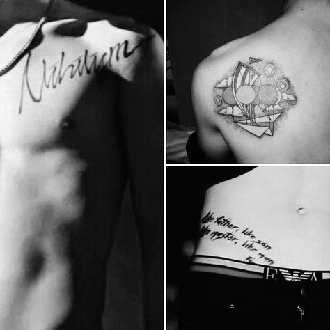 I like Hanbins tattoos. 1.Nihilism on his upper left chest/shoulder.  2.Paper airplane with balloons in the sky on his upper left back.  3.Like Father like son, Like Master like man, For the kingdom of heaven. Kim Hanbin Tattoo, Hanbin Tattoo, Nihilism Tattoo, Idol Tattoo, Rose Drawing Simple, Simple Tats, Ikon Member, Ikon Wallpaper, B.i Ikon