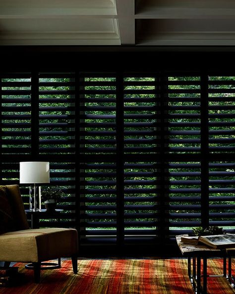 Premium Black Real Wood Shutter - Blinds UK Black Shutter Blinds, Black Shutters, Shutter Blinds, Wood Shutters, Dark Room, Interior Design Trends, Industrial Office, Real Wood, Shutters