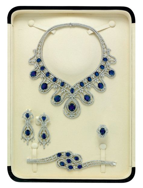 A SAPPHIRE AND DIAMOND PARURE, BY ELIE CHATILA | 2000s, Jewelry | Christie's Exquisite Sapphire Necklaces, Luxury Handmade Sapphire Necklaces, Luxury Sapphire Necklace, Luxury Sapphire Necklace With Diamond, Diamond Parure, Cambridge Sapphire Parure, 2000s Jewelry, Blue Stones, A Necklace