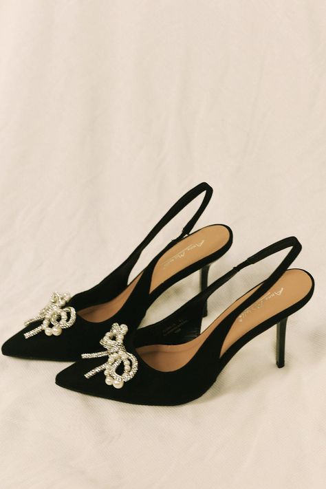 Black And Silver Bow Heels, Black Bow High Heels, Black Heels With Silver Bow, Prom Heels Black, Bridesmaid Aesthetic, Rhinestone Bow Heels, Cute Heels Classy, Intuitive Living, Black Bow Heels