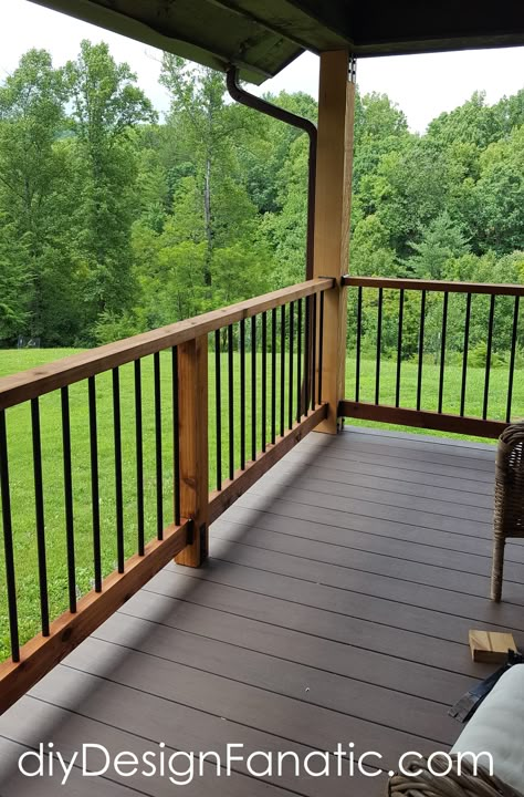 replace an old deck, Deckorators, deck, composite decking, porch, fastendry, mountain cottage, cottage style, deck, porch, deck rails Farm Deck Ideas, Country Deck Railing Ideas, Black Spindles Wood Railing Deck, Rustic Balcony Railing, Composite Deck With Wood Railing, Small Deck Railing Ideas, Cabin Deck Railing Ideas, Rustic Deck Railing Ideas, Rebar Railing Porch