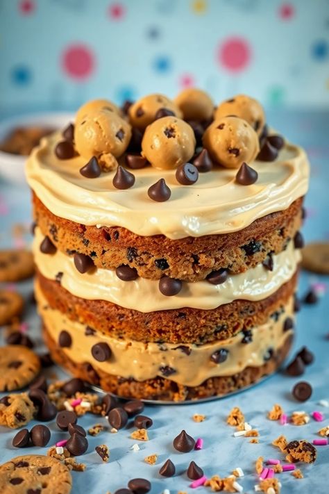 Wow your friends and make every celebration unforgettable with these 20 amazing cake ideas! From Chocolate Chip Cookie Dough cakes to vibrant layer designs, these mouthwatering creations will spark your baking inspiration. Whether you're hosting a birthday party, anniversary, or just because, these fun and unique cake options are perfect for any occasion. Get ready to impress and take your baked goods to a whole new level! Discover flavors and designs that will have everyone talking. Chocolate Chip Cookies Birthday Cake, Layered Cookie Cake Birthday, Layered Cookie Cake, Amazing Cake Ideas, Creative Cake Ideas, One Layer Cakes, Cookie Dough Cake, Inside Cake, Cookie Cake Birthday