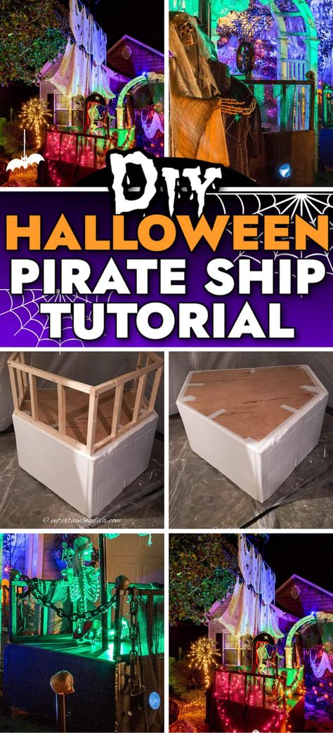 DIY Halloween Pirate Ship Tutorial Diy Halloween Pirate Ship, Pirate Ship Prop, Pirate Ship Halloween, Halloween Pirate Ship, Diy Pirate Ship, Haunted Pirate Ship, Pirate Props, Diy Pirate, Pirate Decor