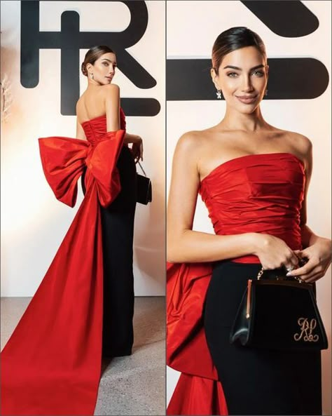 Red Bow Outfit, Gala Dresses Classy, Red Dress With Bow, Hollywood Glam Dress, Jessica Kahawaty, Colorful Gown, Elegant Red Dress, Fashion Show Dresses, Fashionable Saree Blouse Designs