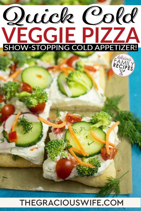 Cold Veggie Pizza is a crowd-pleasing, show-stopping cold appetizer that's super quick and easy to make and can even be made ahead! A thin crust is loaded with ranch-seasoned cream cheese and tons of beautiful fresh vegetables. This Cold Veggie Pizza is the star of the show at any potluck, barbecue, party, or holiday. Make this Cold Veggie Pizza for your next party! | @graciouswife Veggie Pizza With Cream Cheese, Cold Vegetable Pizza, Pizza With Cream Cheese, Cold Veggie Pizza, List Of Veggies, Cold Appetizer, Pickled Banana Peppers, Veggie Pizza Recipe, Pizza Crust Dough