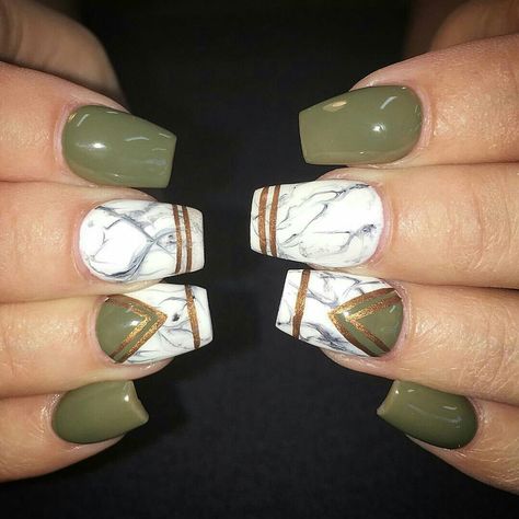 Olive, Marble, Gold Nails Green Marble Nails Acrylic, Medium Nails Square, Marble Gold Nails, Marble Nails Acrylic, Green Marble Nails, Khaki Nails, Marbled Nails, Olive Nails, Gold Acrylic Nails