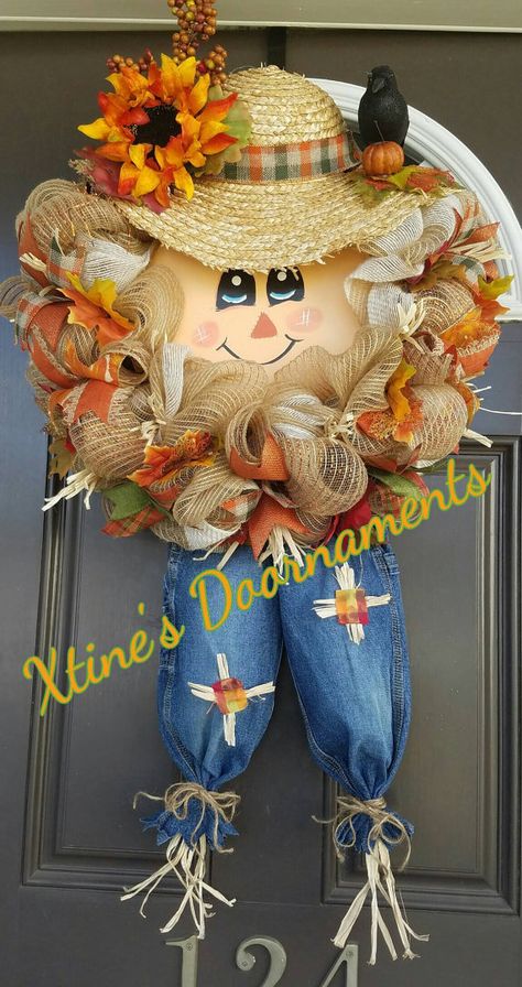 Custom Order for Pam W by XtinesDOORnaments on Etsy Fall Crafts Decorations, Scarecrow Crafts, Door Decoration Ideas, Fall Decor Diy Crafts, Scarecrow Wreath, Easy Diy Wreaths, Deco Wreaths, Diy Wreaths, Halloween Deco