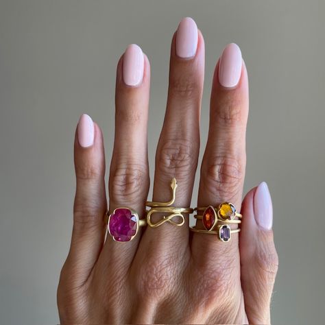 Warm tones for the last few weeks of warm weather - 18k & Rose-Cut Oval Ruby Ring, 18k Small Snake Ring & scalloped bezel-set sapphire rings by Gabriella Kiss  #gabriellakiss #futureheirlooms #augustla Oval Ruby Ring, Gabriella Kiss, Small Snake, Small Snakes, Boom Box, Spinel Ring, Sapphire Rings, Snake Ring, Ruby Ring