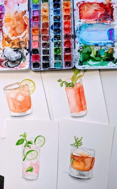 A set of colorful watercolor drinks. Fun summer watercolor cocktails for your upcoming party. Watercolor Drinks Cocktails, Summer Watercolor Ideas, Watercolour Cocktails, Drinks Watercolor, Cocktail Drawing, Watercolor Drinks, Cocktail Painting, Cocktail Watercolor, Watercolor Cocktails