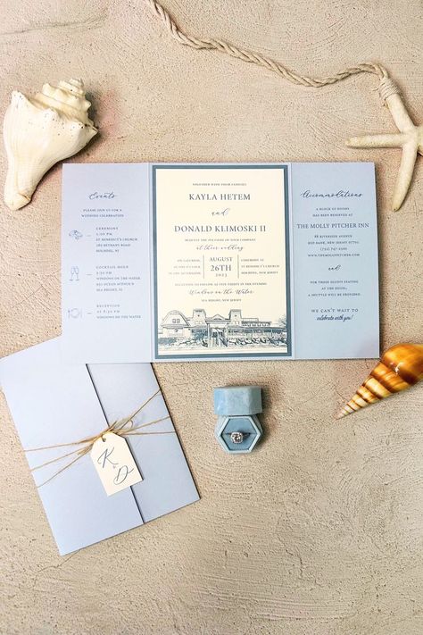 Tri Fold Wedding Invitations, Drawing Wedding Invitation, New Jersey Shore, Folded Wedding Invitation, Beach Wedding Invitations, Wedding Mood Board, Wedding Card Design, Wedding Mood, Jersey Shore