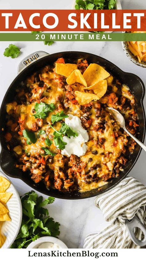 This 6-ingredient, 20-minute Taco Skillet is a busy parent’s best friend! Spicy seasoned ground beef, hearty black beans, and gooey melted cheddar all come together in one skillet of pure deliciousness. Finish it off with a dollop of sour cream, fresh cilantro, and crunchy tortilla chips for a quick, crowd-pleasing meal the whole family will love. Taco Skillet Recipe, Healthy Homemade Dinner, Taco Skillet, Favorite Dinner Recipes, Healthy Ground Beef, Homemade Dinner Recipes, Seasoned Ground Beef, Cream Fresh, Ground Beef Tacos