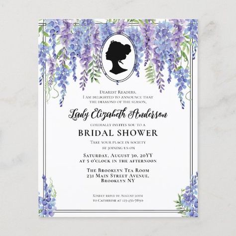 Bridgerton Party, Tea Bridal Shower Invitations, Bridal Shower Inspiration, Bridal Shower Tea, Floral Bridal Shower Invitations, Victorian Wedding, Regency Era, Purple Violet, Floral Bridal Shower