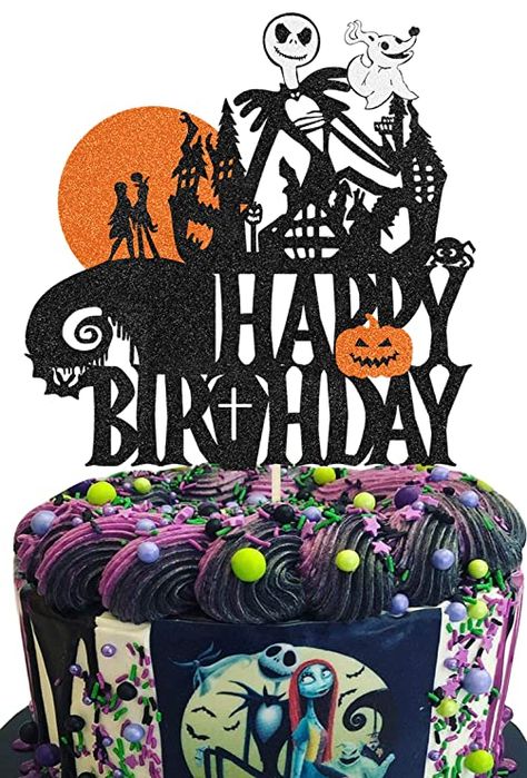 Nightmare Before Christmas Happy Birthday, Jack And Sally Cake Topper, Jack Skellington Happy Birthday, Nightmare Before Christmas Cake Topper, Happy Birthday Skulls, Sally Cake, Nightmare Before Christmas Birthday, Halloween Happy Birthday, Jack Skellington Cake