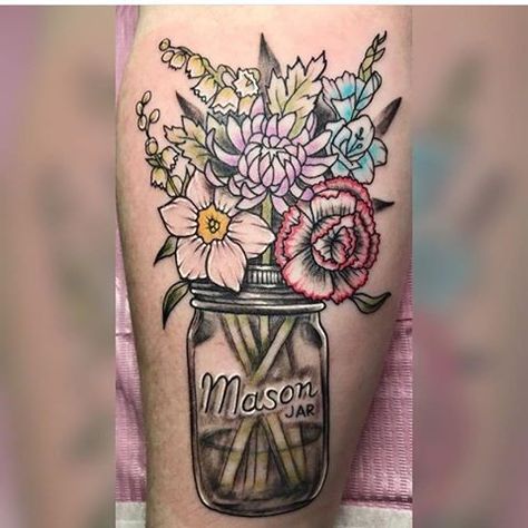 Mason Jar With Birth Flower Tattoo, Mason Jar With Flowers Tattoo, Mason Jar Tattoo Ideas, Ball Jar Tattoo, Jar Of Flowers Tattoo, Mason Jar Tattoo Flowers, Mason Jar Flower Tattoo, Jar Tattoo Design, Texas Tattoo Ideas For Women