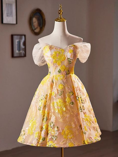 Whimsical Garden-Inspired Embroidered Homecoming Dress Off The Shoulder Homecoming Dress, Prom Dress Off The Shoulder, Brown Prom Dresses, Champagne Homecoming Dresses, Yellow Homecoming Dresses, Knee Length Prom Dress, Orange Prom Dresses, Purple Homecoming Dress, Burgundy Homecoming Dresses