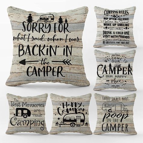 Amazon.com: Camping Throw Pillow Case, 18 x 18 Inch Set of 6, Camping Lovers Gifts, Campers Gifts, Camper Decor, RV Decor, Trailer Decor, Camping Decor, Happy Camper Pillow Cushion Cover for Sofa Couch Bed  : Home & Kitchen Camper Cushions, Trailer Decor, Cover For Sofa, Camping Camper, Camping Pillows, Rv Decor, Camping Lovers, Camping Decor, Camper Decor