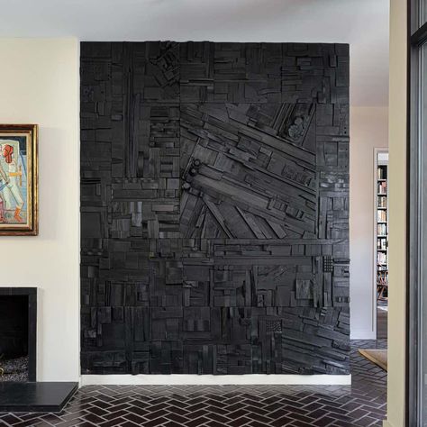 For Sale on 1stDibs - These collage tiles are composed randomly from recycled wood remnants and when installed bathe any space with warm feeling and texture which is meditative, Modern Wall Paneling, Black Feature Wall, Acoustic Wall, Interior Design Art, Black Walls, Wall Treatments, Wall Covering, Stone Wall, Wall Artwork