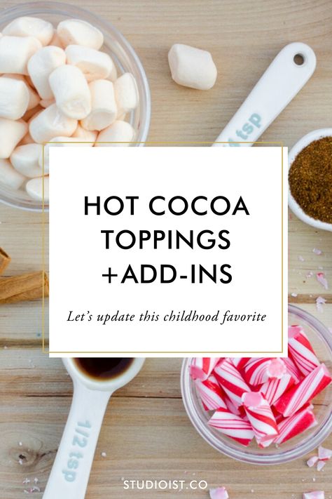 Hot Cocoa Toppings   Add-Ins — Shalan Trotz Premo - Studioist #Studioist #ShalanTrotz #HotCocoa Hot Cocoa Add Ins, Hot Chocolate Add Ins, Hot Cocoa Toppings, Hot Chocolate Toppings, Chocolate Peppermint Bark, Healthy Dessert Recipes Easy, Candied Ginger, Healthy Desserts Easy, Hot Cocoa Bar