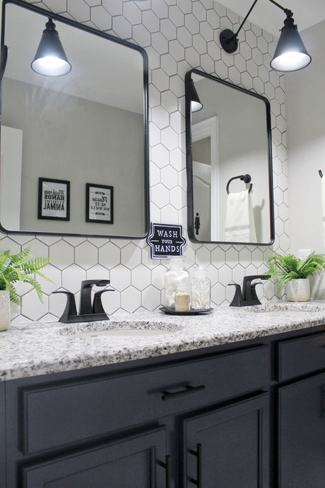 Black Fixtures Bathroom, Home Depot Bathroom Tile, Backsplash Inspiration, Vanity Backsplash, Home Depot Bathroom, Tile Backsplash Bathroom, Jeffrey Court, Bathroom Makeovers, New House Bathroom