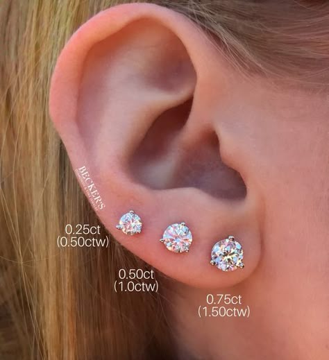 3 Diamond Earrings Studs, 1 Carat Diamond Earrings Studs, Diamond Stud Earrings On Ear, Diamond Piercing Ear, Diamond Stud Earrings On Ear Size, Diamond Ear Piercings, 1 Carat Diamond Earrings, 3 Ear Piercings, Ear Piercing Studs