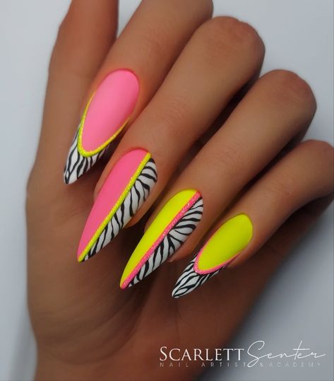 Bright Zebra Print Nails, Neon Zebra Nails, Bright Animal Print Nails, Festival Nails Coachella, Neon Animal Print Nails, Cheetah Nail Designs, Neon Nail Art, Funky Nail Art, Summer Nail Designs