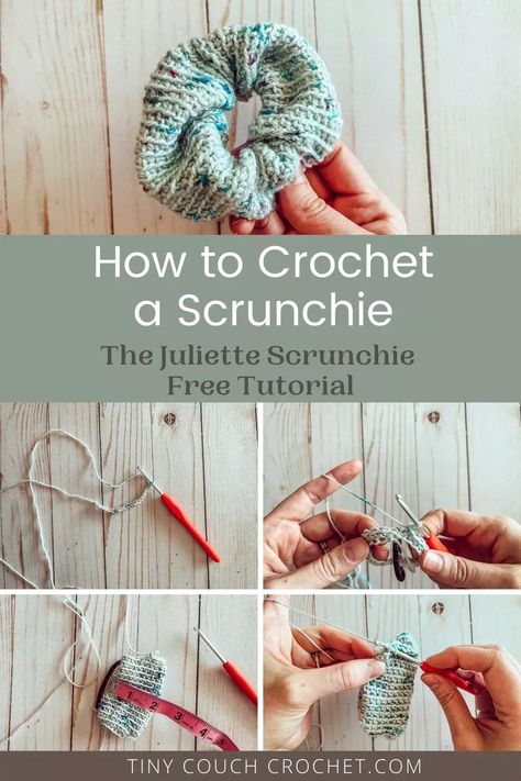 How to Crochet the Juliette Scrunchie: Easy crochet scrunchie Crochet A Scrunchie, Tiny Couch, Pride Crochet, Scrunchie Crochet, Scrunchie Pattern, Easy Beginner Crochet Patterns, Crochet Scrunchie, Crochet Scrunchies, Crocheted Items