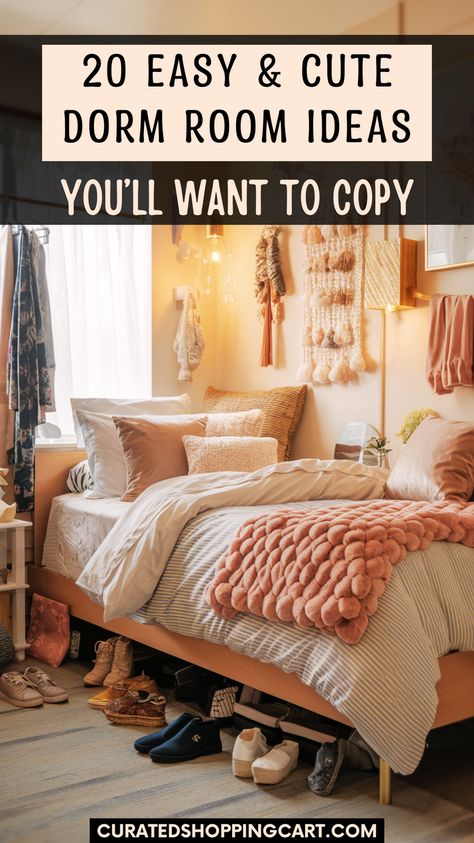 Transform your dorm with these 20 easy and cute dorm room ideas for girls! Learn how to make a boho canopy bed, set up a vertical herb garden, and create a customized bulletin board. These simple and affordable decor tips will make your space feel like home. Easy dorm room ideas, cute dorm decor, affordable dorm decor, boho dorm ideas, dorm room transformation, stylish dorm rooms, cute dorm room decorating ideas, dorm decorating ideas, college dorm room ideas, trendy dorm decor, cute dorm hacks. Single College Dorm Room Ideas, Dorm Room Ideas Trendy, Girl Dorm Room Ideas, Dorm Room Transformation, Boho Canopy Bed, Lofted Bed Dorm Room Ideas, Room Ideas Trendy, Room Ideas Cute, Rooms Cute