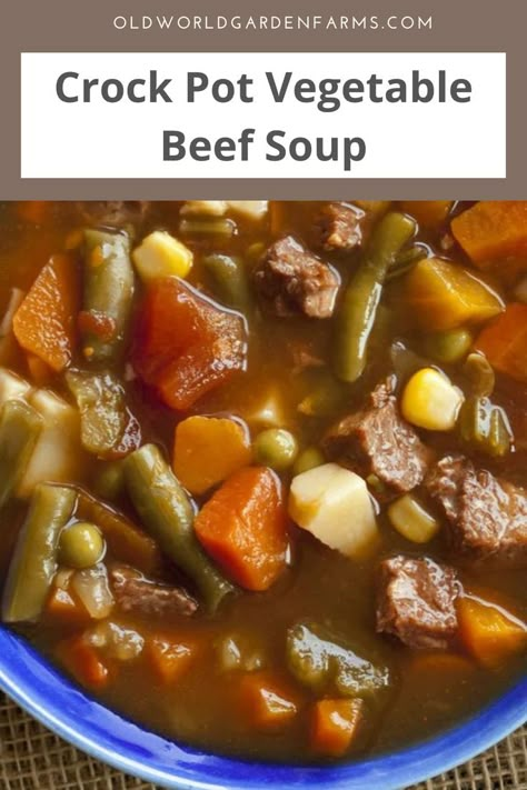 Chunks of beef cooked in a tomato-based sauce with both fresh and frozen vegetables equal one delicious and hearty dinner! And the best part is that you don't have to stand over a hot stove for hours on end while this Vegetable Beef Soup simmers since you can let your crockpot do the cooking for you with this recipe! Homemade Vegetable Beef Soup With Stew Meat, Crockpot Veg Beef Soup, Beef Vegetable Soup Crock Pot Easy, Crock Pot Vegetable Beef Soup, Beef Soup Crockpot, Veg Beef Soup, Fall Vegetable Soup, Camp Soup, Roast Soup