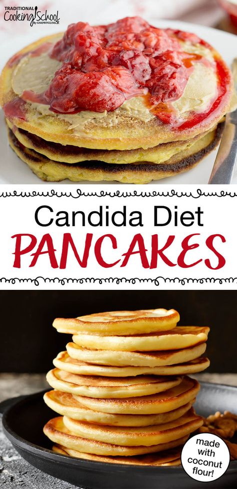 When wheat made our guts unhappy and syrup fed harmful candida, Saturday mornings were suddenly depressing. Well, no more! We happily enjoy THESE perfectly fluffy grain-free pancakes made with coconut flour, almond flour and coconut oil, then topped with strawberries! (Best part is they’re keto, paleo and trim healthy mama approved, too!) They’re easy to make, a clean eating recipe that’s also dairy free! #pancakes #keto #paleo #candida #recipes #coconut #almond Candida Pancakes, Cbo Protocol Recipes, Candida Lunch Recipes, Candida Diet Recipes Breakfast, Candida Diet Desserts, Candida Diet Recipes Dinner, Candida Breakfast Recipes, Candida Diet Breakfast, Candida Desserts