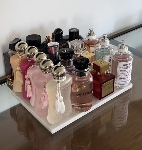 Niche Perfume Aesthetic, Perfumery Aesthetic, Perfume Tray Aesthetic, Gua Sha Pink, Perfume Closet, Parfum Aesthetic, Perfume Collection Aesthetic, Fragrance Aesthetic, Checklist Ideas