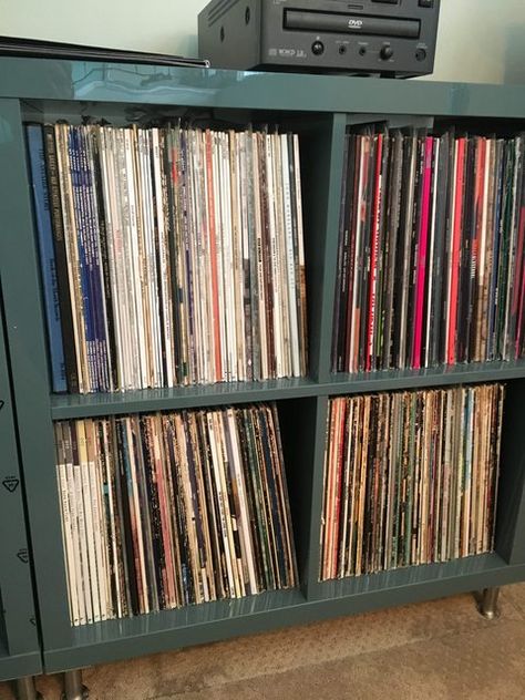 Click this image to show the full-size version. Shelving For Vinyl Records, Kallax Turntable, Record Album Storage Ideas, Kallax Record Player Stand, Kallax Vinyl Storage, Kallax Record Storage, Diy Record Storage, Vinyl Record Storage Ikea, Ikea Vinyl Storage